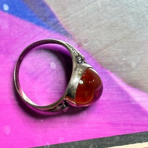 ZIV Amber Ring Sterling silver filigree cabochon Bezel set oval signed 6 5505 YA - Picture 3 of 15